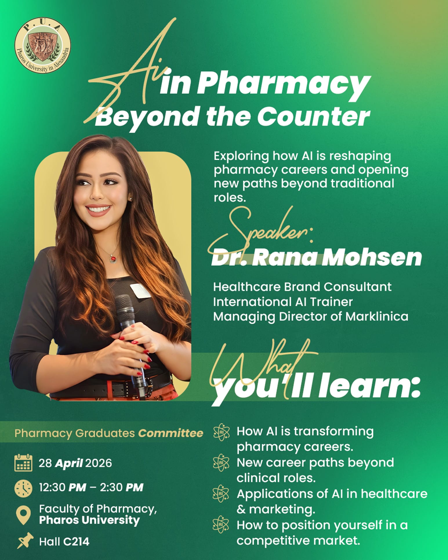 Dr. Rana Mohsen – AI & Pharmacy Workshop, Pharos University, Speaker & Trainer