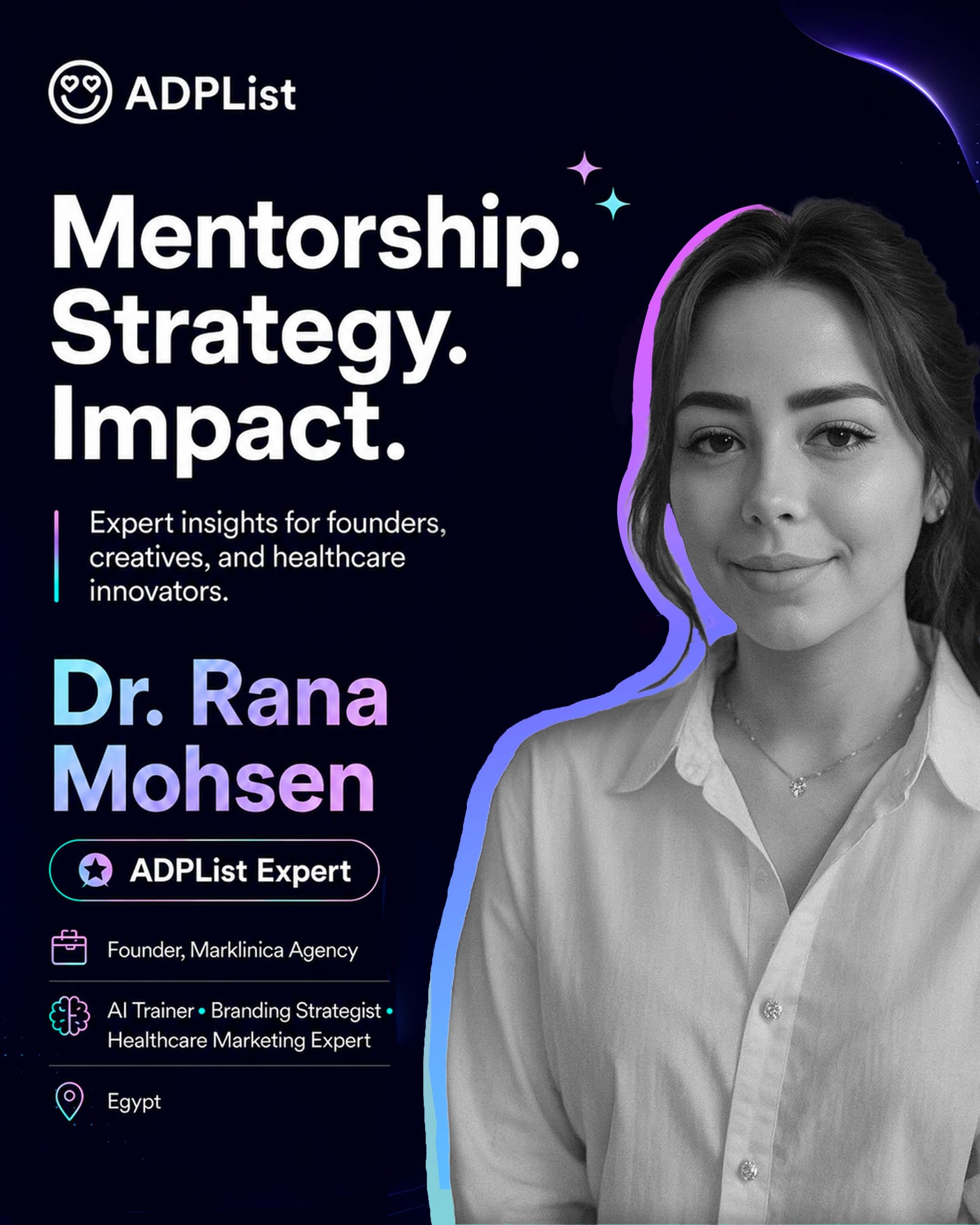Dr. Rana Mohsen – International Trainer & Public Speaker, ADPList, Marklinica Agency