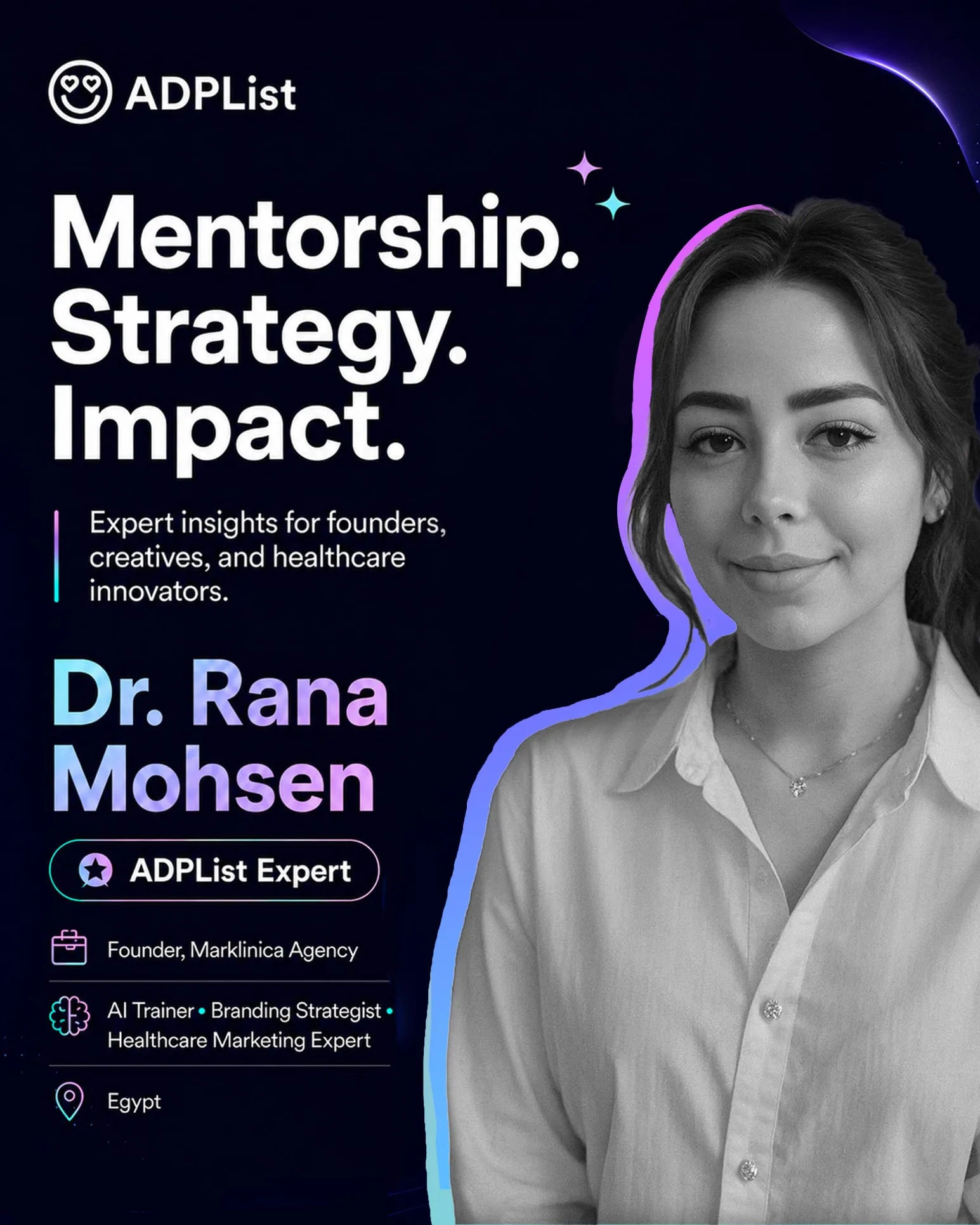 Dr. Rana Mohsen – International Trainer & Public Speaker, ADPList, Marklinica Agency